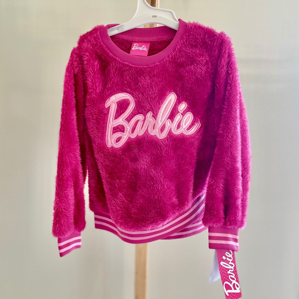 Barbie Girls Hot Pink Fuzzy Fleece Sweatshirt Embroidered Logo Wrap‎ Hem 4T